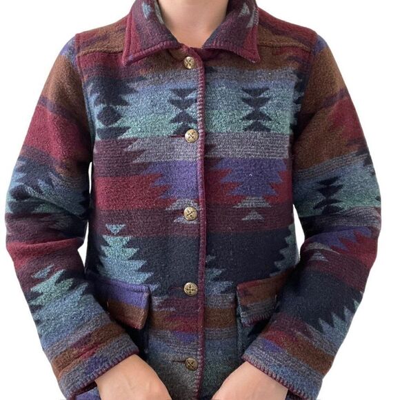 Vintage 90s Womens Wool Blend Aztec Southwestern Bohemian Fleece Jacket Sz L - Picture 7 of 9